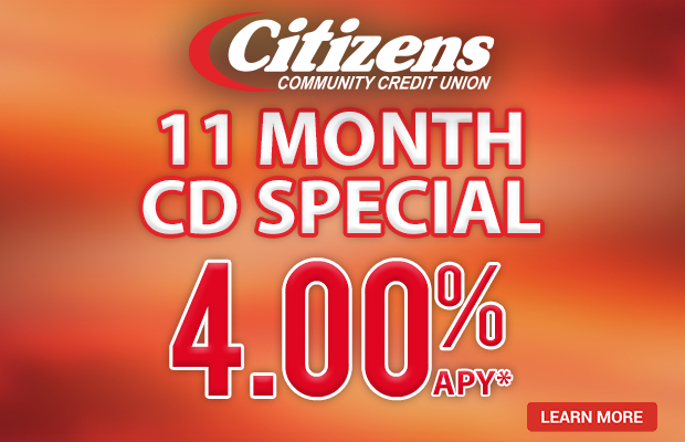Banner ad for Citizens Community Credit Union promoting an 11-month CD at 4.00% APY, with a red Learn More button.