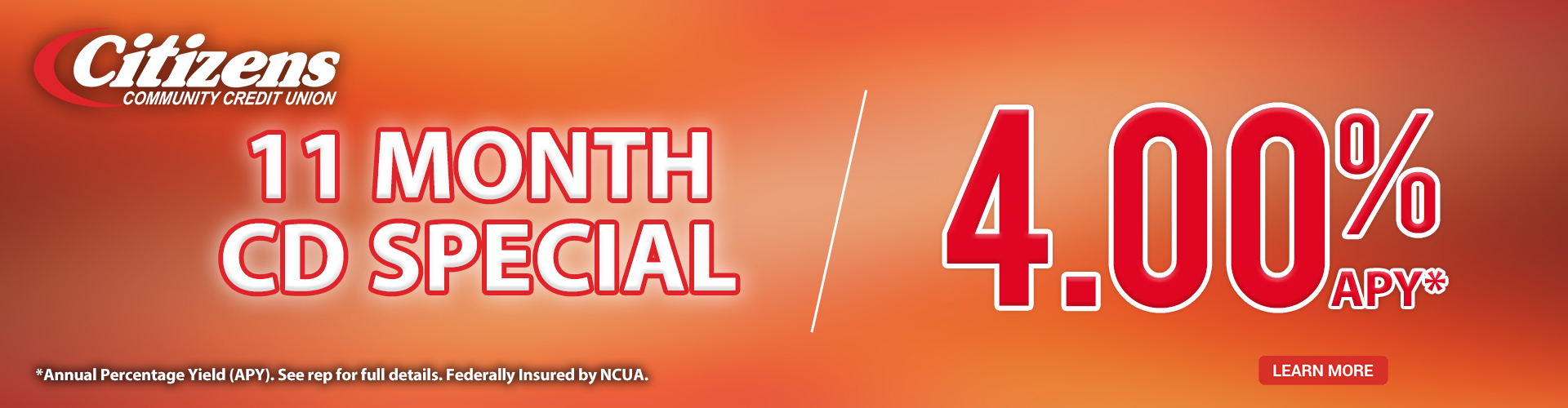 Citizens Credit Union banner promoting an 11-month CD special at 4.00% APY with a Learn More button